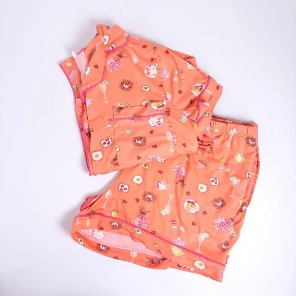 Joyspun Pajama Set Women XL Peach Brunch Food Print Short Sleeve Button Down - Picture 1 of 13